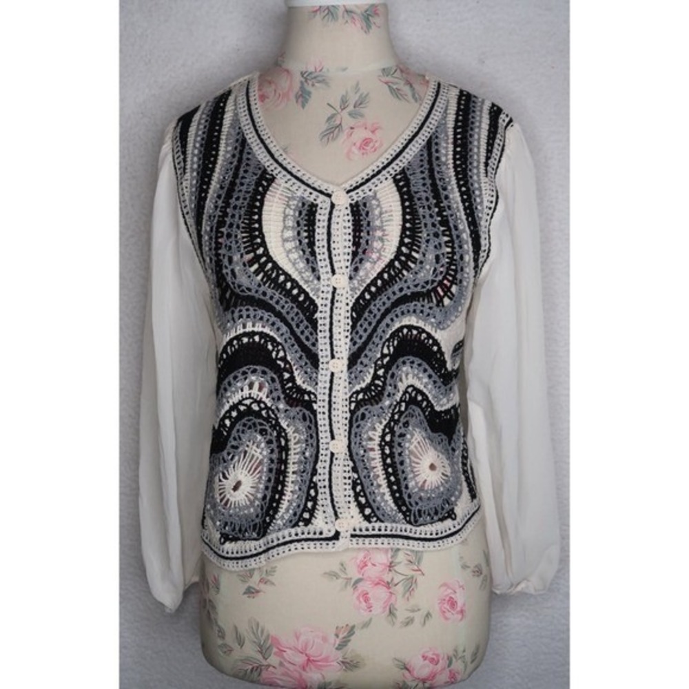 Lola Crochet Button Front Cardigan Top XL Sheer Sleeve Boho Cottagecore Festival